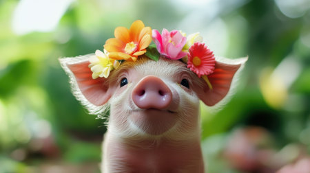 This charming piglet with a colorful flower crown exudes joy in a lush green setting. Perfect for themes of innocence, nature, and happiness.の素材