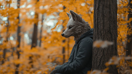 A person donned in a detailed animal mask rests against a tree in a serene forest setting, surrounded by striking orange autumn leaves, creating a surreal atmosphere.の素材