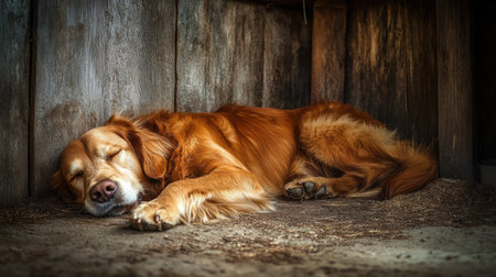 A serene golden retriever enjoying a peaceful nap in a cozy wooden nook. The scene captures the essence of comfort and relaxation in a homely environment.の素材