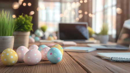 A vibrant arrangement of colorful Easter eggs on a wooden table, set in a bright office space. This image captures the essence of spring celebrations, blending festive decor with a cozy workspace ambiance.の素材