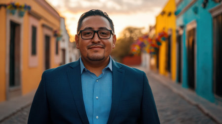 A confident man in a modern suit stands on a vibrant street during sunset, reflecting a relaxed urban atmosphere filled with cultural elements.の素材