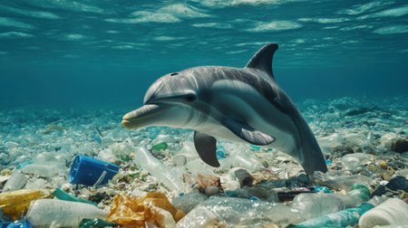 A dolphin swims gracefully through a sea of plastic waste, showcasing the urgent need for ocean conservation and pollution awareness. The image highlights the impact of human activity on marine life.の素材