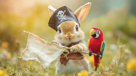 A charming scene featuring a cute rabbit dressed as a pirate holding a flag, accompanied by a vibrant parrot, set in a sunny floral meadow.の素材
