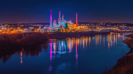 A vibrant nighttime view of an industrial facility along a river, featuring colorful lights and reflections on the calm water, showcasing modern manufacturing.の素材