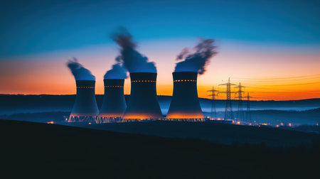 This stunning image captures cooling towers silhouetted against a vibrant sunset, with steam rising into the atmospheric sky, highlighting industrial energy production.の素材