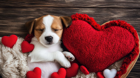 A charming sleeping puppy rests beside a plush heart pillow, surrounded by red hearts and a cozy blanket. This delightful scene captures warmth and love.の素材