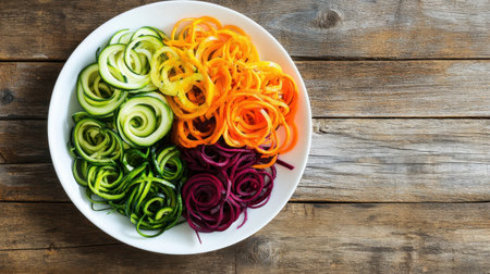 A vibrant assortment of spiralized zucchini, carrot, and beet sits in a bowl, highlighting the freshness and variety of healthy eating options in a rustic setting.の素材