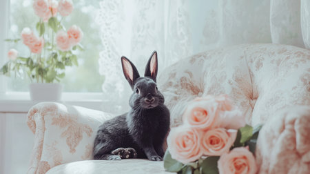 This delightful image features a charming black rabbit sitting gracefully on a vintage chair, surrounded by soft pink roses, embodying a serene and cozy atmosphere.の素材