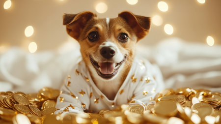 A joyful puppy relaxes among shiny golden coins, embodying happiness and warmth. Soft lights create a festive atmosphere, ideal for cheerful celebrations.の素材