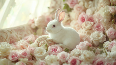 A charming white bunny sits gracefully among delicate pink roses, creating a serene and enchanting scene. Perfect for floral and animal lovers.の素材