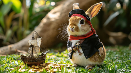 A cute bunny dressed as a pirate stands next to a toy ship surrounded by gold coins. This enchanting scene captures the spirit of adventure and imagination.の素材