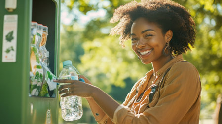 A joyful woman refill her water bottle at an eco-friendly station in nature. This image showcases sustainability, hydration, and a vibrant outdoor lifestyle.の素材