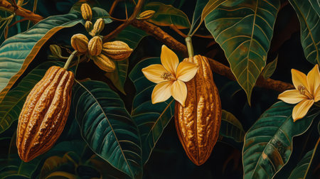 A stunning close-up of vibrant cocoa pods and delicate flowers nestled among lush green leaves, showcasing the beauty of nature and agriculture in a tropical setting.の素材