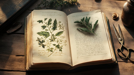 An antique book showcasing vintage botanical illustrations, featuring detailed plant sketches and handwritten notes under soft natural light on a rustic wooden table.の素材