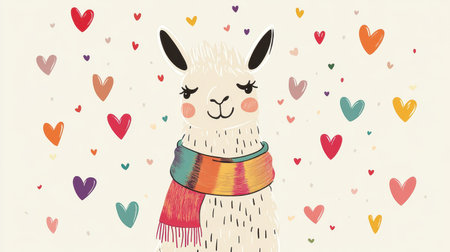 Adorable llama illustration with a colorful scarf, surrounded by vibrant hearts. Perfect for projects needing a cheerful and playful touch.の素材