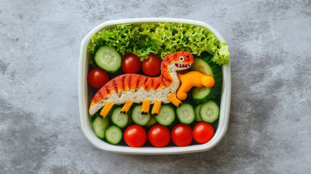 This playful bento lunch box features a fun dinosaur sandwich surrounded by fresh vegetables, making lunchtime enjoyable and nutritious for kids.の素材