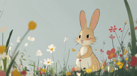 A whimsical illustration of a cute rabbit surrounded by vibrant flowers in a colorful field, evoking feelings of joy, serenity, and imagination.の素材
