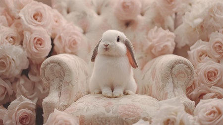A charming rabbit sits gracefully on a vintage floral chair, nestled among soft pink roses. This serene scene captures the essence of sweetness and tranquility in a cozy indoor setting.の素材