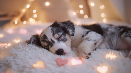 A charming puppy sleeps peacefully on a cozy blanket surrounded by heart decorations and soft lights. This serene scene captures innocence and warmth.の素材