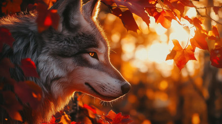 A striking wolf gazes thoughtfully against a backdrop of vibrant autumn leaves, illuminated by warm golden sunlight, capturing the essence of nature's tranquility.の素材