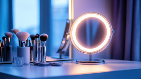 A beautifully lit vanity scene showcasing a round mirror and assorted makeup tools. Ideal for capturing the essence of beauty and self-care routines.の素材