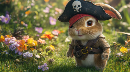 This charming rabbit dressed as a pirate stands amid colorful flowers, bringing an imaginative touch to nature. Perfect for storytelling and whimsical themes.の素材