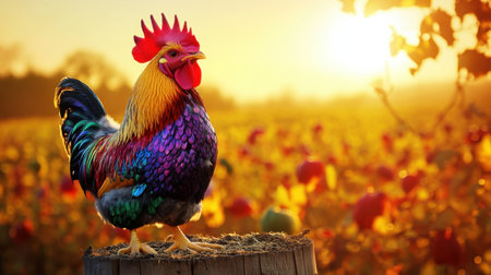 A vibrant and colorful rooster stands proudly on a log as the sun sets in the background, casting a warm glow over a picturesque farm landscape.の素材