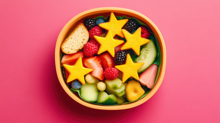 A vibrant fruit salad featuring star-shaped melon slices paired with fresh berries, showcasing a stunning array of colors in a cheerful bowl. Perfect for summer!の素材