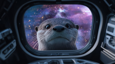 This captivating image features an otter curiously peering through a spacecraft window, revealing a stunning cosmic backdrop filled with vibrant colors and stars.の素材