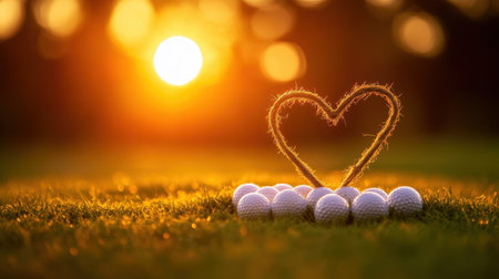 A heart shape made of natural material surrounds golf balls, set against a warm sunset. This image captures love for the sport, nature, and tranquility.の素材