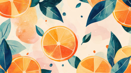 Beautiful illustration featuring vibrant orange slices surrounded by leaves. Perfect for seasonal themes, summer designs, and fresh food concepts.の素材