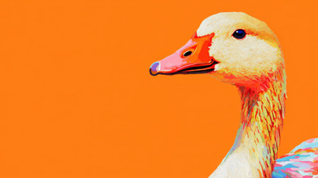 A vibrant and colorful portrait of a duck against a bright orange background, showcasing fine details in its features and plumage, ideal for art and nature themes.の素材