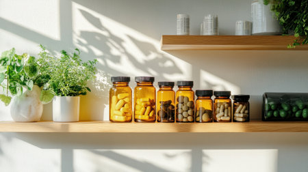 Natural supplements displayed in elegant glass bottles on a simple wooden shelf, with bright light and a touch of greeneryの素材