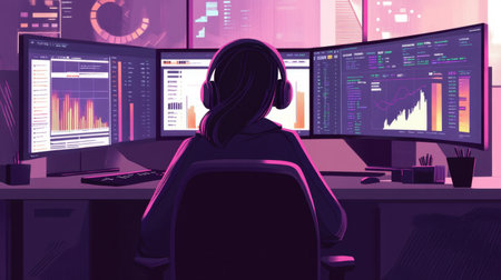 A data analyst sits in a modern office surrounded by three screens displaying colorful graphs and charts, embodying the spirit of data-driven decision-making.の素材