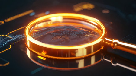 A captivating close-up of a magnifying glass highlighting a digital circuit board, symbolizing exploration and analysis in technology and innovation.の素材