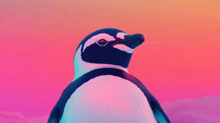 Stylized penguin with a beaming smile, standing against a gradient arctic sky in vivid hues.の素材