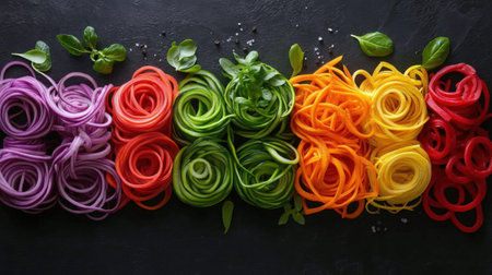 Spiralized fresh veggies elegantly displayed, highlighting their vivid hues and freshness in a farm-to-table concept.の素材