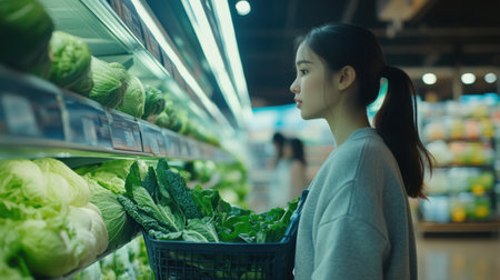 A young woman stands in a grocery store aisle, thoughtfully selecting fresh vegetables to add to her shopping basket, emphasizing healthy eating choices.の素材