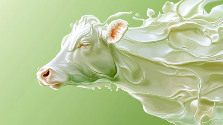 This artistic image features a cow's head with flowing cream, set against a soft green background. Perfect for themes of dairy and agriculture, it conveys freshness and quality.の素材