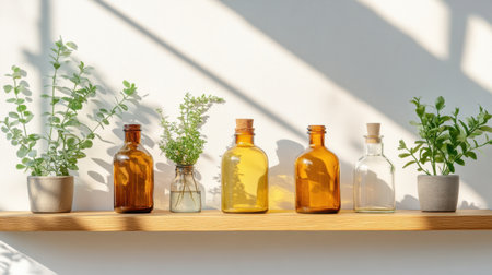Natural supplements displayed in elegant glass bottles on a simple wooden shelf, with bright light and a touch of greeneryの素材