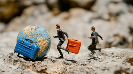 Miniature businessmen run confidently with colorful luggage beside a globe, symbolizing ambition and travel. A creative scene blending adventure and aspiration.の素材