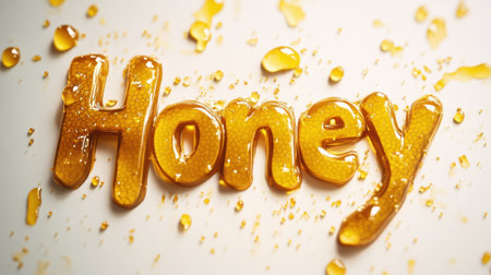 Close-up of the word "Honey" crafted from golden liquid, surrounded by droplets on a smooth surface, showcasing sweetness and natural beauty, perfect for food themes.の素材