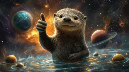 Space-traveling otter giving a thumbs-up, surrounded by whimsical planets and a glowing space nebula.の素材