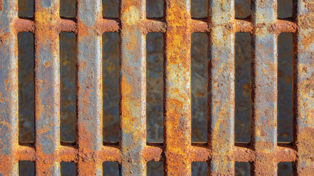 Close-up image of a rusty metal grate featuring vibrant orange and blue textures. The intricate details highlight the effects of wear and corrosion over time.の素材