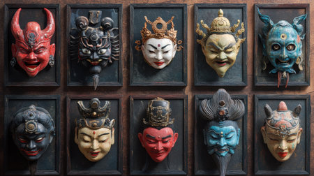 A striking display of traditional masks showcasing vibrant colors and intricate designs. Each mask tells a unique story, reflecting rich cultural heritage and craftsmanship.の素材
