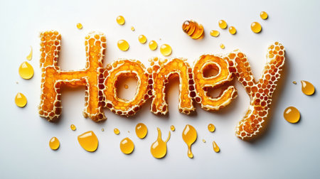 This artistic image features the word "Honey" creatively formed from honeycomb, surrounded by droplets of honey, showcasing its natural beauty and sweetness.の素材