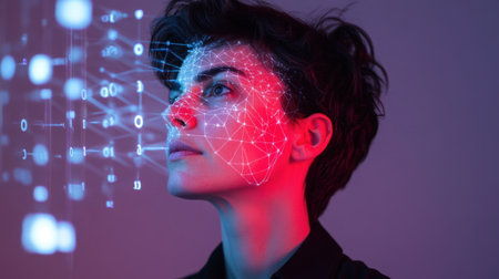 A captivating portrait of a woman with a digital design overlay, showcasing futuristic technology and neon lights. This image represents innovation and the connection between humans and technology.の素材