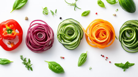 Spiralized fresh veggies elegantly displayed, highlighting their vivid hues and freshness in a farm-to-table concept.の素材