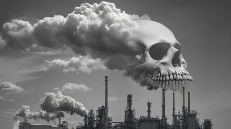A striking black-and-white image showcasing industrial pollution with a skull-shaped cloud hovering over a factory, highlighting the dangers of environmental neglect.の素材