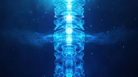 Stunning blue illustration of a human spine with electric light effects against a starry background, symbolizing health and vitality in a futuristic style.の素材